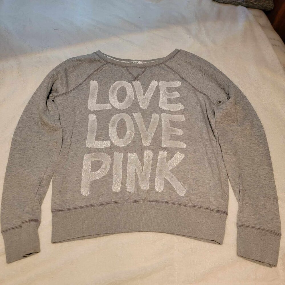 Victoria's Secret Love PINK Gray Crew Neck Sweatshirt Size Med